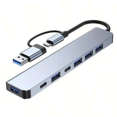 Adaptador Hub 7 em 1 USB-C Premium com Saída a 60Hz, 7 Portas, USB 3.0, Leitor de Cartão SD, Fonte de Alimentação Tipo C, Carregamento Rápido Multiportas