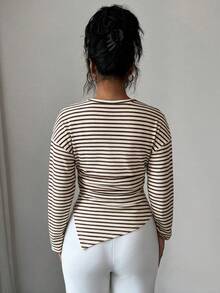 Kaos Lengan Panjang Bergaris-garis dengan Detail Ribbed, Bahu Jatuh, Hem Asimetris, Pinggang Berkerut, Potongan Slim Fit, Cocok untuk Musim Gugur/Dingin, Atasan Kasual untuk Komuter. - MultiWarna - View 7