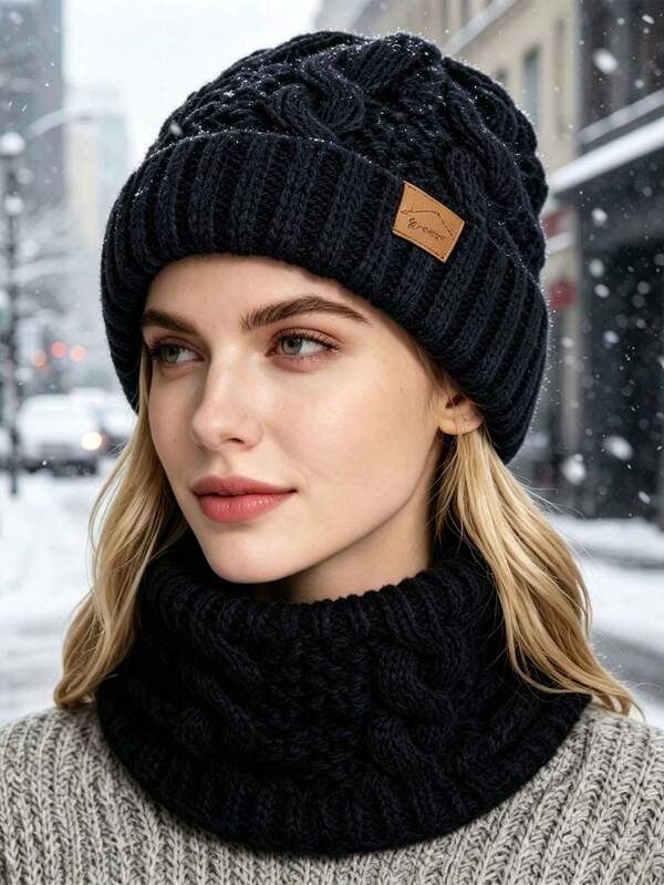 2pcs New Autumn/Winter Women's Knitted Hat & Gloves Set, Fashionable Versatile Knit Hat Set Suitable For Daily Wear