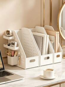 1pc White Multi-Grid Desktop File Organizer, Minimalist Modern Style Plastic Material, Slanted Opening Design, With Pegboard Side Hanging Basket, Multi-Functional Book File Stationery Storage Rack, Suitable For Study Office Daily Use, All Season - Multicolor - View 8