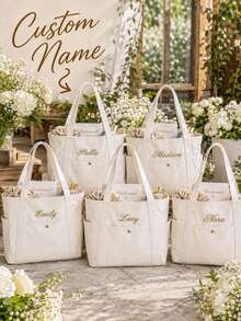 Custom Embroidered Bridesmaid Tote Bag, Personalized Canvas Beach Bag With Initial Ribbon, Bridesmaid Wedding Gift, Bridal Party Tote Bag - Multicolor - View 4