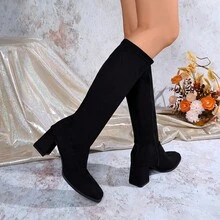 بوت نسائي بتصميم سحاب جانبي وكعب سميك كاجوال - الأسود - مشاهدة 8