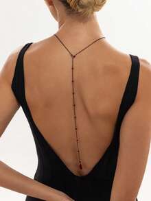 1pc Gothic Black Chain Red Teardrop Crystal Back Necklace, Women's Atmospheric Backless Body Jewelry For Halloween Party Dress - Body Chain - View 3