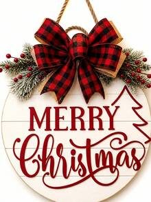 1pc Christmas Party Door Sign Decoration, Christmas Wooden Hanging Ornament, Christmas Decor, Artificial Woven Christmas Wreath, Wooden Door Wreath, Suitable For Home, Garden And Outdoor Holiday Decoration, Front Door Decor - Multicolor - View 6
