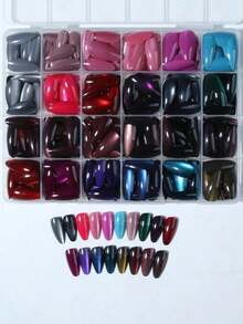 576 Pcs (24 Mixed Colors) Y2K Long Almond Glossy Nail Tips, Including Green, Purple, Red, Blue, Rose Red Cat Eye Crystal Cat Eye Acrylic Tips, Perfect For Long Almond Nail Designs - Multicolor - View 5