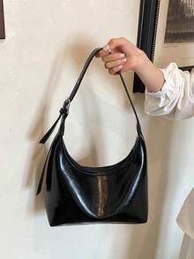 Bright Surface Underarm Bag Simple Crescent Moon Bag Adjustable Shoulder Strap Design High-End Feeling Commuting Versatile Women's Shoulder Bag - Black - View 4