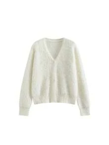Women's Solid Color V-Neck Single-Breasted Casual Knit Long Sleeve Cardigan - Beige - View 5