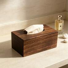 1pc Minimalist Nordic Style Rectangular Flip Cover Walnut Wood Napkin Box, Natural Wood Grain Solid Color Long Square Tissue Storage Box For Living Room, Smooth Tissue Slot, Dressing Table Tissue Holder, Home Daily Use, Housewarming Gift, Christmas Gift, All Season - Coffee Brown - View 4