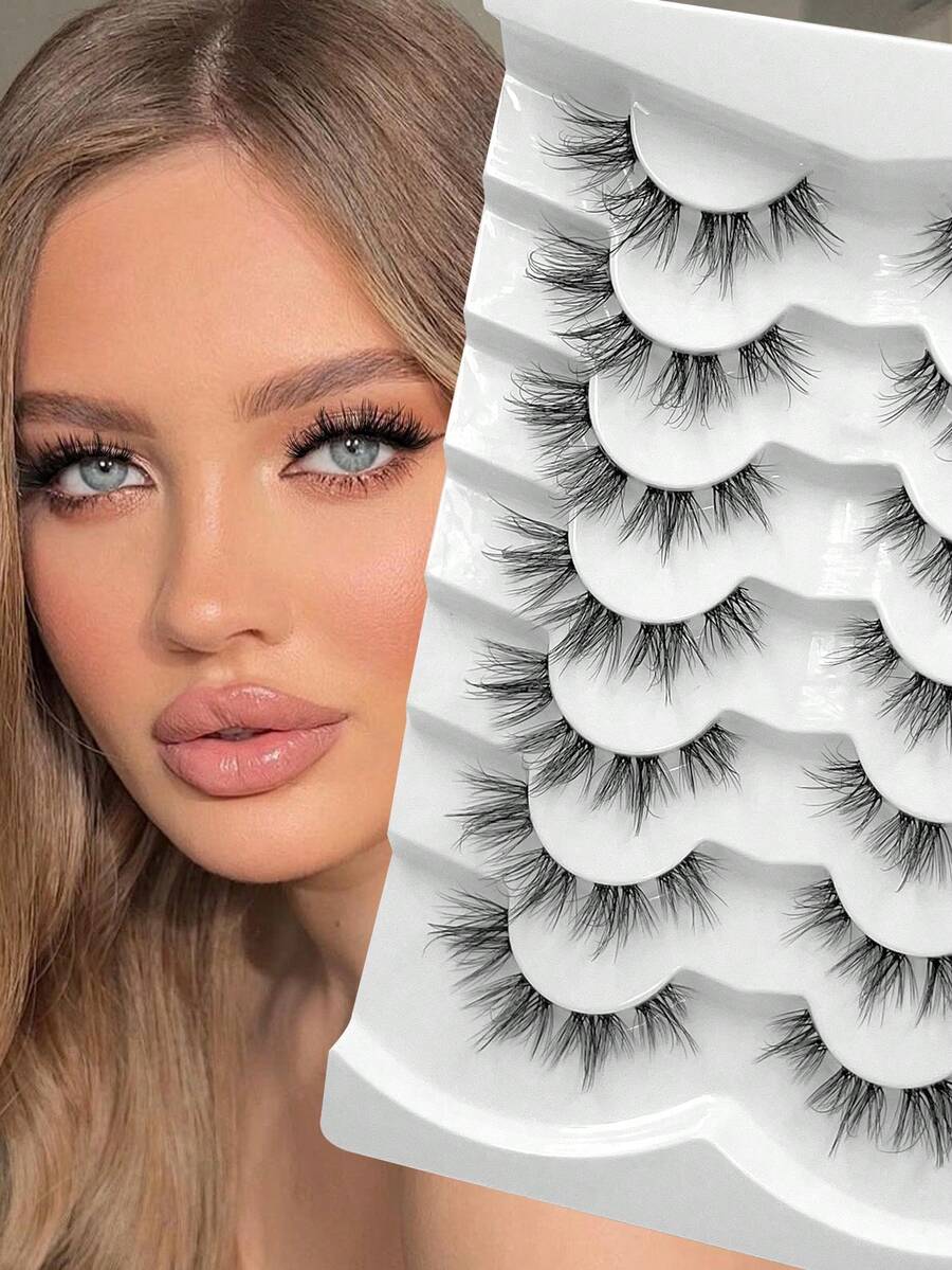 ENCHUW 7 Pairs Messy Natural Cat Eye Lashes Clear Band Lashes Cat Eye Look Wispy Lashes Eye End Elongated Full Strip Soft Natural False Eyelashes - Black - View 1