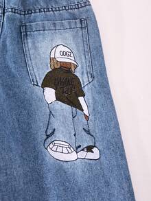 Celana Jeans Denim Lurus Bergambar Kartun Bordir untuk Balita - Biru - View 7