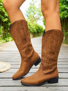 Women's Autumn/Winter Suede Pointed Toe Mid-Calf Western Cowboy Boots, Vintage Embroidered Chunky Square Heel Cowboy Boots - Yellow-brown - View 3