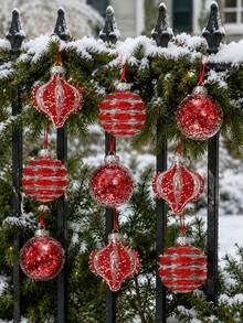 10/9/1pc Red Christmas Ball Ornament Set With Merry Christmas Ribbon, Transparent Glitter Swirl Onion Ball And Confetti Design, Suitable For Holiday Tree, Wreath, Garland, Gift Wrapping, Fireplace Mantel Display, Party Home Decor, Adult Style - Multicolor - View 5