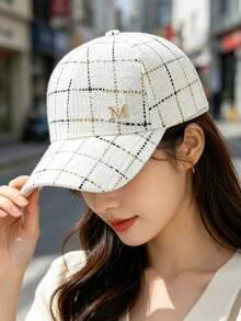 1pc Women's Fine Glitter Line Plaid M Baseball Cap, Sun Protection Duck Bill Hat For Commuting, Street, Travel, Hiking, Fishing, Driver And Gift - White - View 1