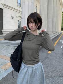 Korean Style Early Spring Versatile Retro Minimalist Design Asymmetric Button Slim Fit Flattering Hooded T-Shirt Top - Dark Grey - View 1