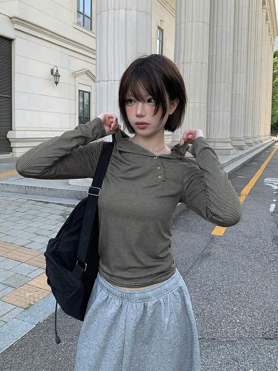 Korean Style Early Spring Versatile Retro Minimalist Design Asymmetric Button Slim Fit Flattering Hooded T-Shirt Top - Dark Grey - View 1