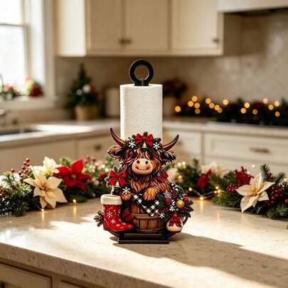 Christmas Highland Cow Paper Towel Holder - Festive Kitchen Countertop Stand With Weighted Base, Holiday Bow  Bell Decor - Decorative Tissue Roll Dispenser For Christmas Home Accent