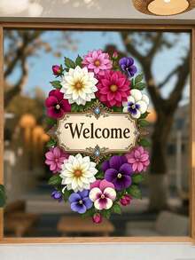 Creative Welcome Flower Glass Sticker, 2D Flat Decorative Window Sticker For Kitchen, Bedroom, Living Room, Self-Adhesive Window Sticker, Home Wall Sticker, Home Decor Window Sticker, Removable Self-Adhesive - D - View 3