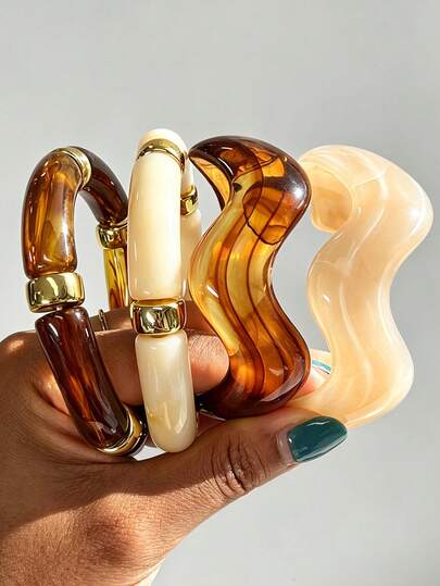 Set Gelang Elastis Bambu Bergelombang Akrilik Multi-Warna Minimalis Retro Modis 4/1 buah, Cocok untuk Pakaian Kasual Sehari-hari Wanita, Liburan, Pernikahan, Padu Padan, dan Hadiah.