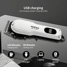 HIENA Professional Hair Clipper, USB Rechargeable Cordless Hair Trimmer With LCD Power Display, Stainless Steel R‑Shape Blade, Adjustable Cutter Head, Guide Combs Kit For Home Barber Salon Hair Cutting - White - View 8