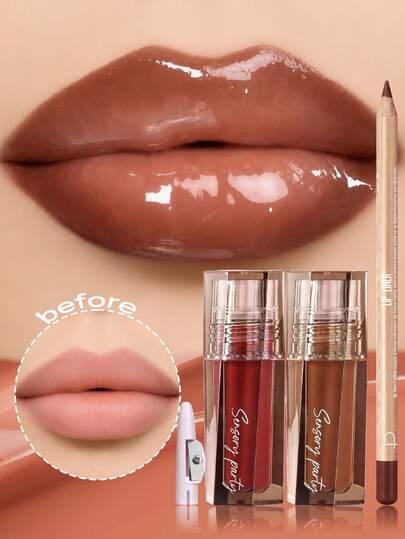 Pudaier 2pcs Moisturizing Lip Gloss + 1pc Lip Liner Set, Creamy Texture, Nourishing & Moisturizing, Smooth Application, 3D Precise Lip Shaping, Creates Natural Nude Brown Lip Look, Perfect For Various Makeup Styles, Suitable For Wedding Season Or Halloween Looks
