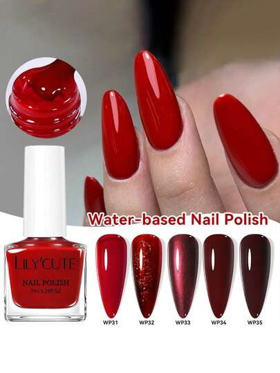 LILY'CUTE 7ml Red Water‑Based Nail Polish Set, Fall And Winter Nails Fast‑Drying Nail Varnish, No Lamp Required, All‑Season Manicure For Salon & At‑Home DIY Nail Art Supplies