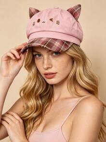 MESHUOKAI Y2K Sweet & Cool Girl 3D Cat Ear Newsboy Cap, Plaid Patchwork Brim, Cartoon Cat Embroidery Fashion Beret, Suitable For Daily Wear - Multicolor - View 3