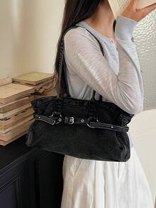 Fashionable Vintage Black Underarm Large Bag, Unique Buckle Design Women's Bag, Relaxed Street Style Shoulder Tote Bag, Suitable For University, Commuting, Shopping, Strolling, Daily Use. - Black - View 7