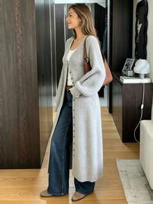 كارديجان صوف طويل محبوك للنساء، معطف طويل بأكمام طويلة وياقة على شكل حرف V بتصميم مضلع، مناسب للارتداء في الخريف/الشتاء - رمادي فاتح - مشاهدة 4