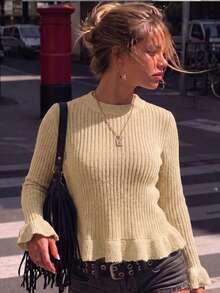 JustMiss Sweater Pullover Wanita Leher Bulat dengan Lengan Mengembang, Hiasan Ruffle, Lengan Panjang, Gaya Feminin Romantis, Warna Polos, Hem A-Line, Rajutan Tebal, Musim Gugur/Dingin - Aprikot - View 4