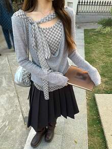 Korean Style Draped Neck Plaid Ribbon Patchwork Pleated Faux Two Pieces Long Sleeve T-Shirt, Niche Design Casual Versatile Autumn/Winter Women's Top - Grey - View 2