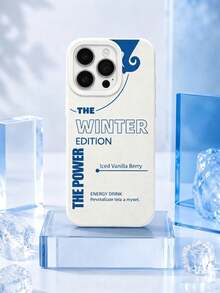 1pc Minimalist Text 15 14 13 12 11 Pro Max Phone Case, Cream White Textured Leather Base, Klein Blue "The Winter Edition The Power" Energy Drink Text Abstract Curve Pattern, Cream White Border Shockproof Phone Case - Beige - View 55