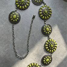 1pc Multifunctional Waist-Cinching Oval Gold Waist Chain, Center Floral Scroll Pattern, Suitable For Spring Picnic Long Dress Outfit - Yellow - View 4