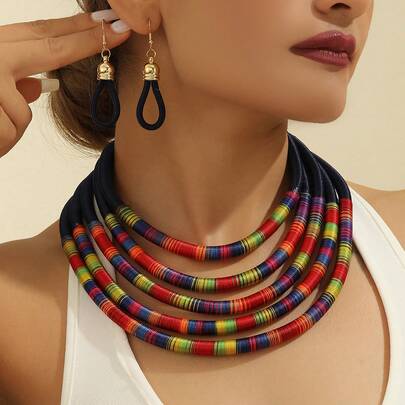 1 Set Handmade Heavy Work Woven Exaggerated Multi-Layer Fashion Vintage Bohemian European & American Style Necklace & Earrings