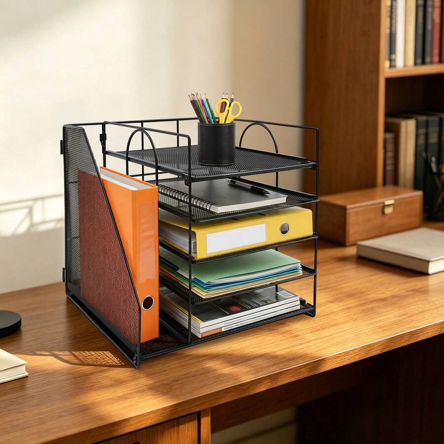 CNCEST Tabletop Paper Letter Tray, 5-Layer Metal Desk File Organizer, 12.6*12.2*12.4inch Stackable Desk Organizer File Storage Rack, Document Organizer With File Holder For Home, Office, Library - Black - View 1