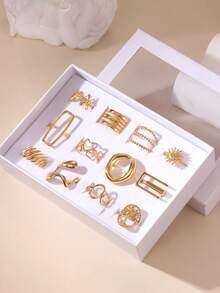 12PCS Exaggerated Elegant 18K Gold Plated Stainless Steel Heart Flower Geometric Crown Bow Rings Jewelry Box Set Gift Box Packaging Suitable For Women Daily Wear And Gifting - Gold - View 5