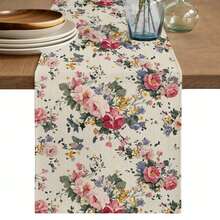 1pc Vintage Pink Rose Mixed Wildflower Print Table Runner, French Country Style Polyester Stiff Fabric, Party Dining Accessory, Farmhouse Dining Table Decor, Suitable For Kitchen Table, Coffee Table, Cabinet, Party, Wedding, Holiday Decoration - Multicolor - View 4
