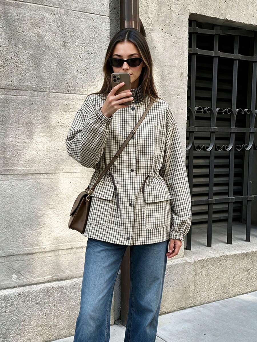 女款休閒長袖外套 抽繩鬆身女式風衣領時尚單排扣口袋外套 - 卡其色 - 查看 1