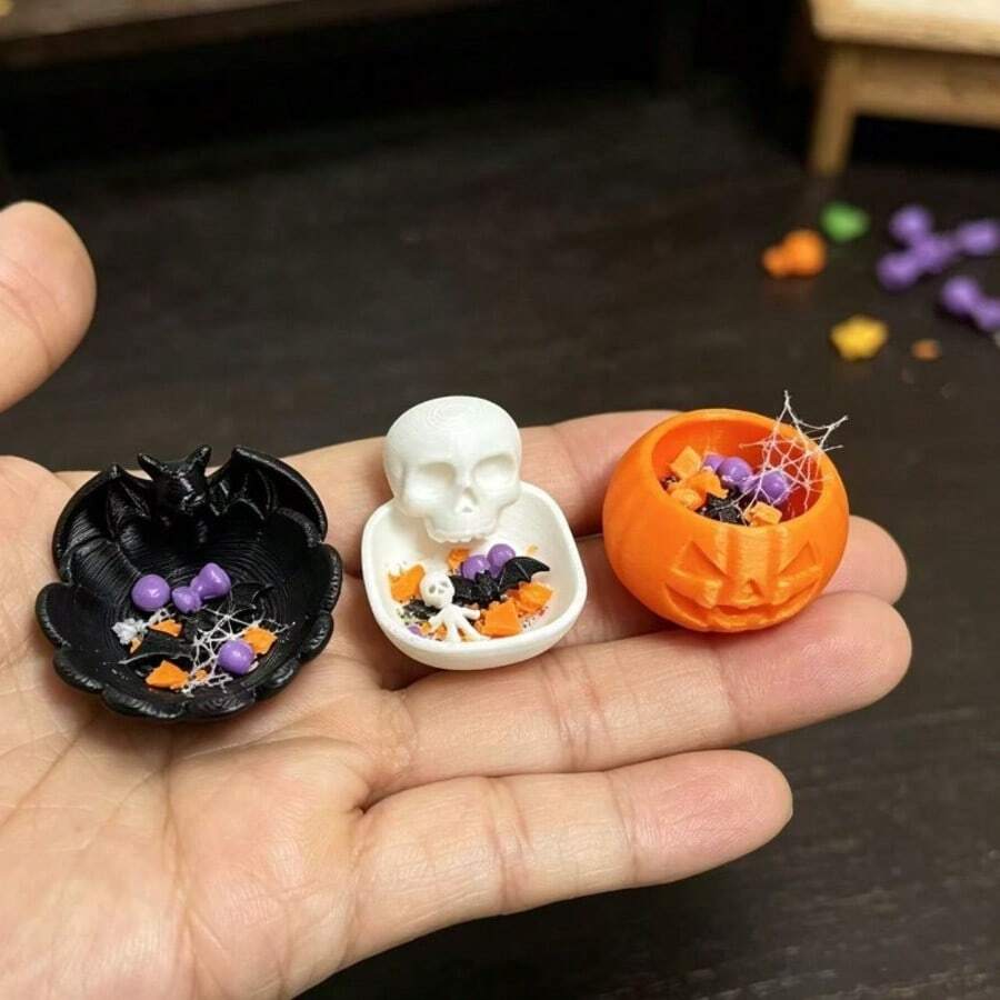 Bộ 3 mô hình bát mini Halloween trang trí, bát hình dơi, đầu lâu và bí ngô, phụ kiện trang trí bối cảnh không khí Halloween cho nhà búp bê - Nhiều kiểu dáng - Xem 1