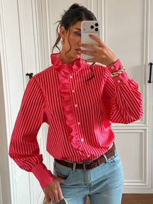 Blus Wanita Bergaris Kancing Depan dengan Hiasan Ruffle, Kerah Tegak, Lengan Panjang, Gaya Vintage Preppy Kasual Chic, Potongan Longgar - Garis-garis merah muda - View 6