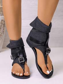 Women's Foldable Ankle Strap Sandals, Flat Sole, Easy To Wear, Everyday Footwear - Black - View 4