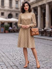 Women's Vintage Bohemian Style Woven Fabric Midi Dress, Ruffle Collar, 3/4 Sleeve Button Design, Suitable For Autumn Wear - Multicolor - View 2