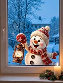 Christmas Static Clings Window Sticker, Cute Snowman Window Decal, Snowman Holding Rustic Lantern Window Decal, Double-Sided Visible, For Living Room Cafe Farmhouse Holiday Window Decoration, Christmas Window Decorations, Holiday Party Decor - Multicolor - View 5