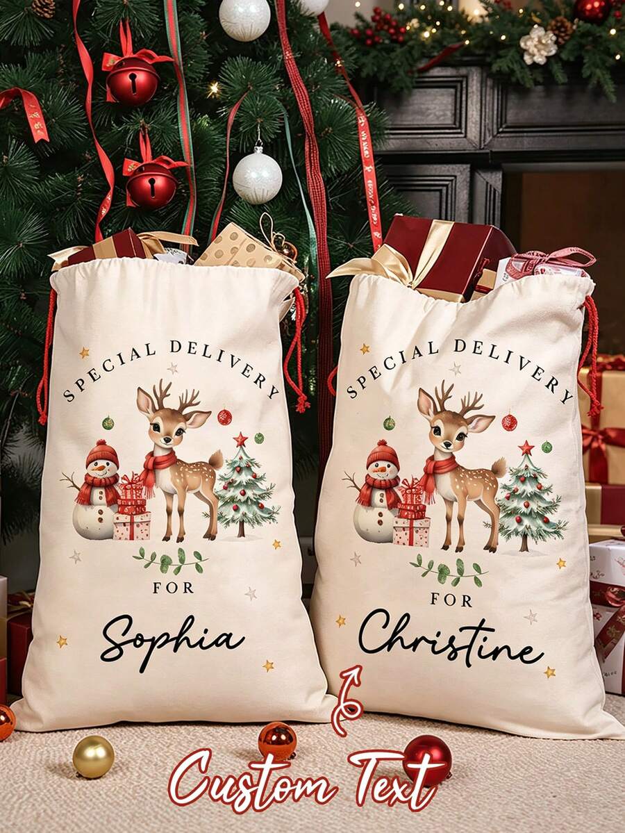 Customized Santa Claus Gift Bag, Customized Christmas Party Gift Bag, Customizable Name/Text, Train And Snowflake Pattern, Lightweight And Durable, Foldable Travel Makeup Storage Bag, Holiday Party Supplies, Christmas Drawstring Gift Bag, Christmas Countdown Bag, Fun Design, Perfect For Celebrations And Party Gifts (Random Drawstring Color)