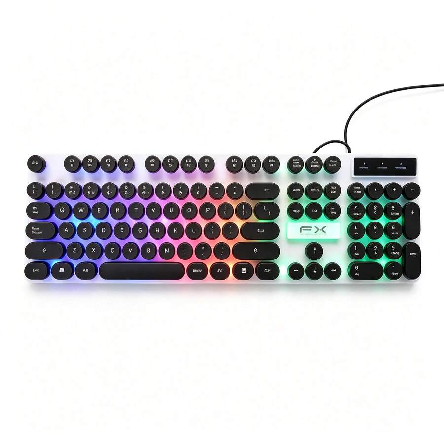 Wired USB Gaming Keyboard with 7-Color RGB Backlight, Retro Round Silicone Keys Removable, Vintage Punk Design for Office and Gaming - Beis - Ver 1