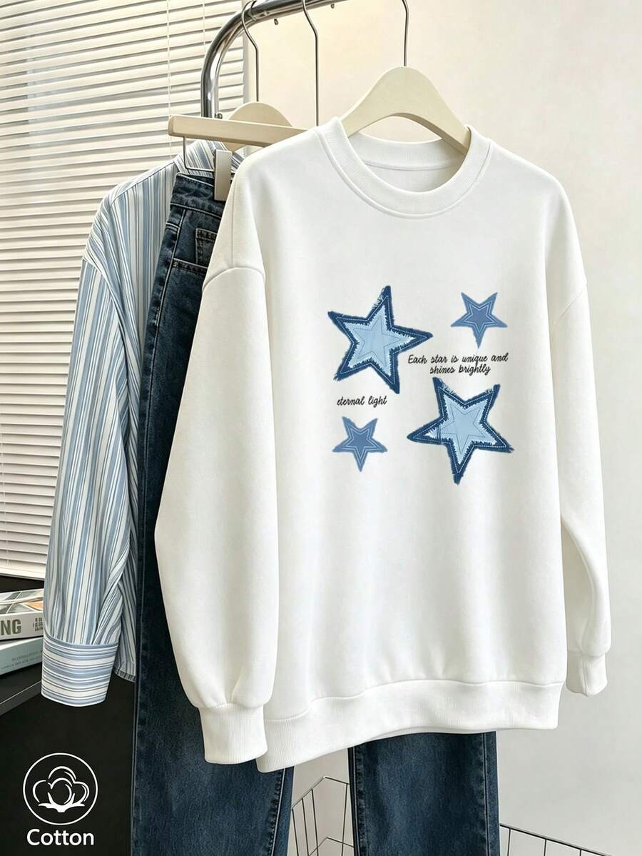 Women's Crew Neck Sweatshirt, Travel Pullover, Cotton Top, Women's Autumn/Winter Basic Sweatshirt - White - View 1
