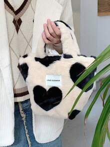 Autumn/Winter Cow Print Heart Plush Tote Bag, Sweet Style Large Capacity Commuter Fuzzy Handbag - White - View 2