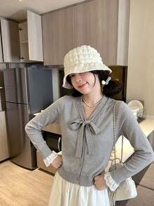 Autumn/Winter New Long Sleeve V-Neck Niche Design Vintage Unique Bow Tie Lace 2 In 1 Knit Sweater Top - Grey - View 3