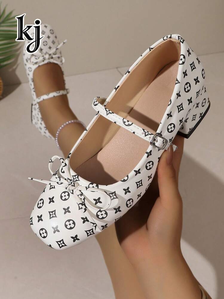 Women's High Heel Pumps Burgundy Square Toe Chunky Heel Mary Jane Shoes With Bow Buckle Strap, Office School Style, European And American Vintage Dating Commuting Shoes - Black and White - View 7