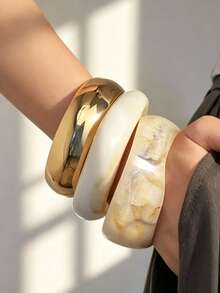 GNIT 3pcs/1pc Y2k Exaggerated Asymmetrical Resin Semi-Transparent Bracelet Set For Women, Versatile - Timi + Twisted Rice + Golden Wide Round - View 8