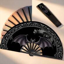 Halloween Gothic Bat Gargoyle Print Folding Hand Fan, Plastic Black Ribs Style 1pc, Dark Mysterious Style Decorative Cooling Fan, Suitable For Theme Parties, Daily Outings And Gothic Style Events - A - View 5